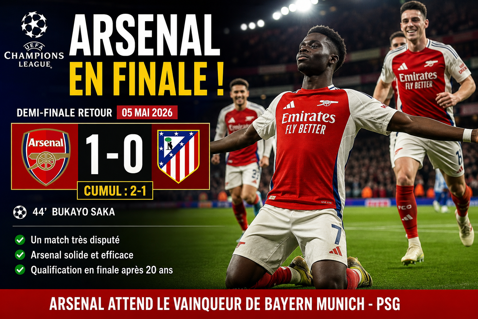 Arsenal célèbre son but contre Atlético Madrid en demi-finale de Ligue des Champions 2026