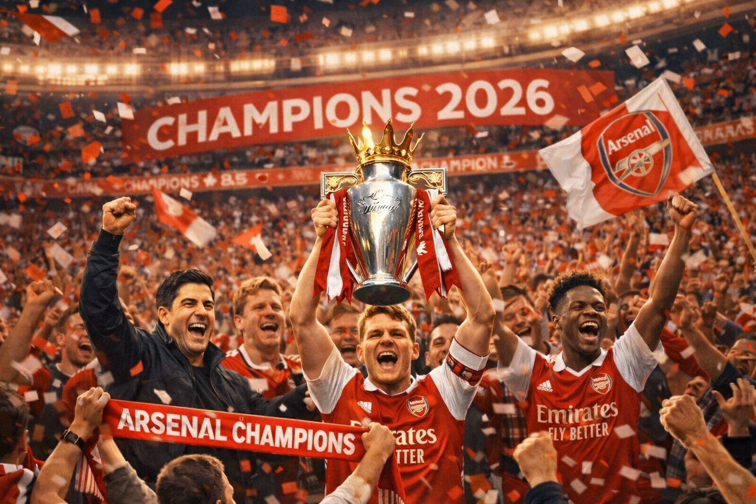 Arsenal célèbre son titre de champion d’Angleterre 2026, joueurs et supporters en liesse sous une pluie de confettis rouges et blancs.