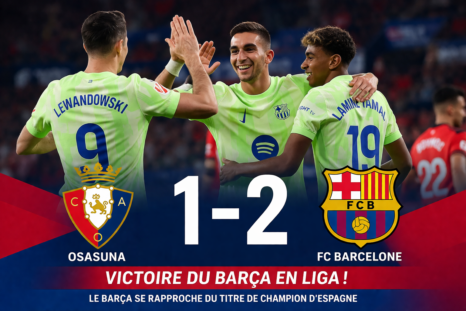 Victoire du FC Barcelone contre Osasuna 2-1 en Liga avec Lewandowski buteur