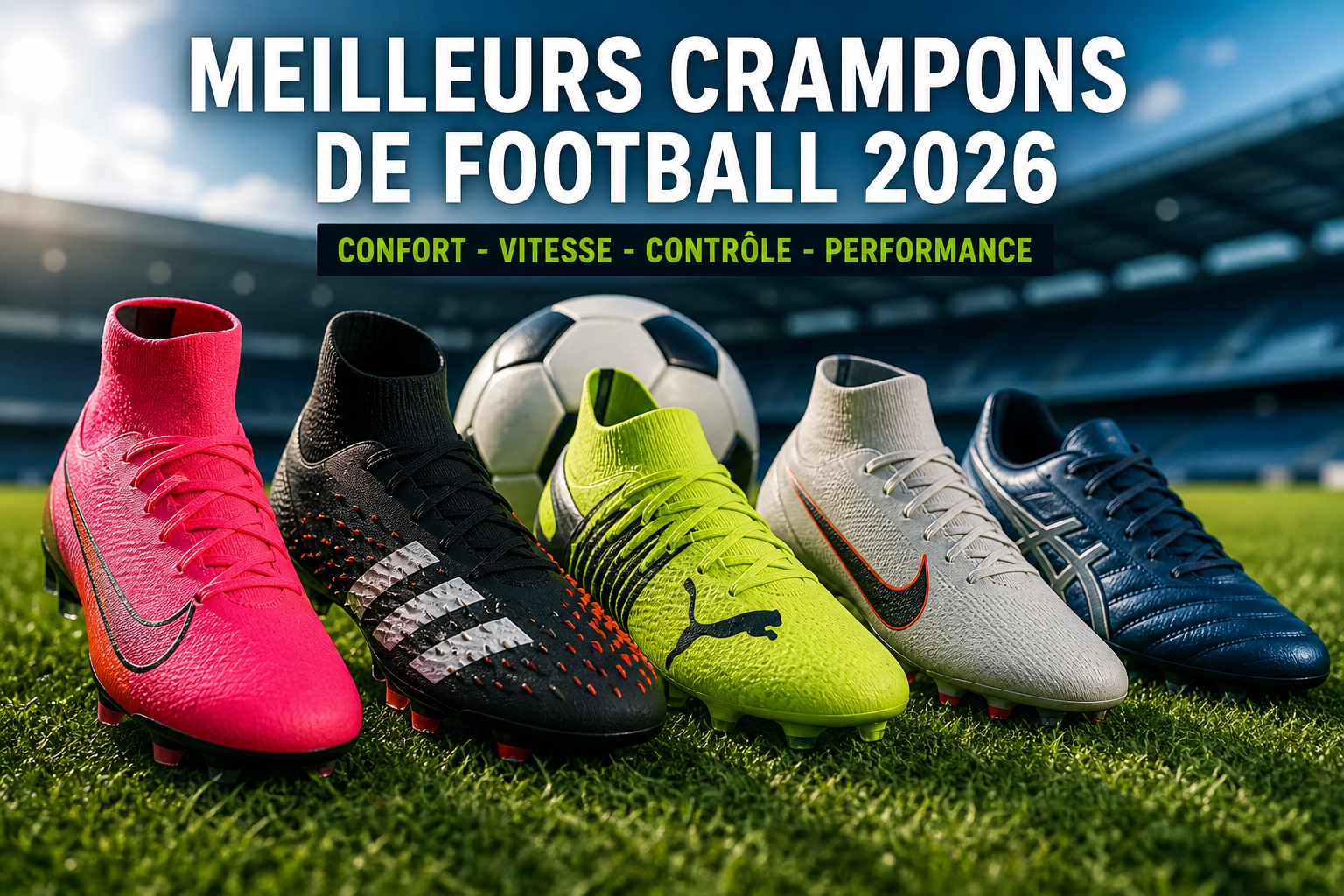 Meilleurs crampons de football 2026 avec modèles Nike Adidas Puma sur terrain